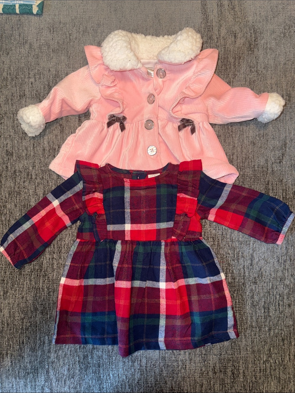 0-3 Months Carter's Pink Coat with White Faux-Fur Trim and Red/Navy Plaid Dress